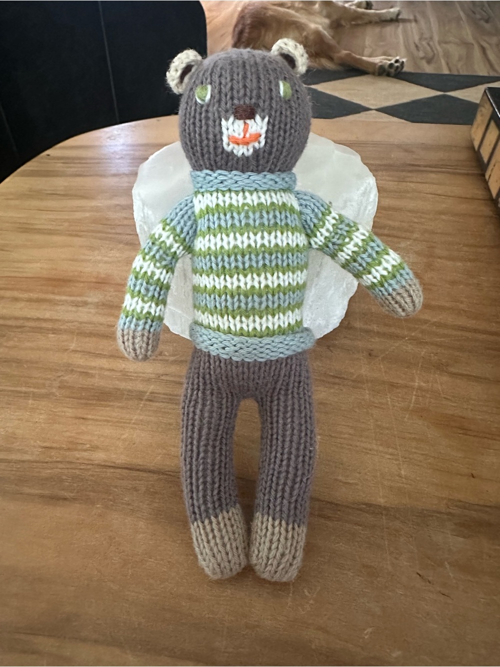 Blabla Hand-Knit rattle Plush Bear in Brown and Green Striped Sweater like new